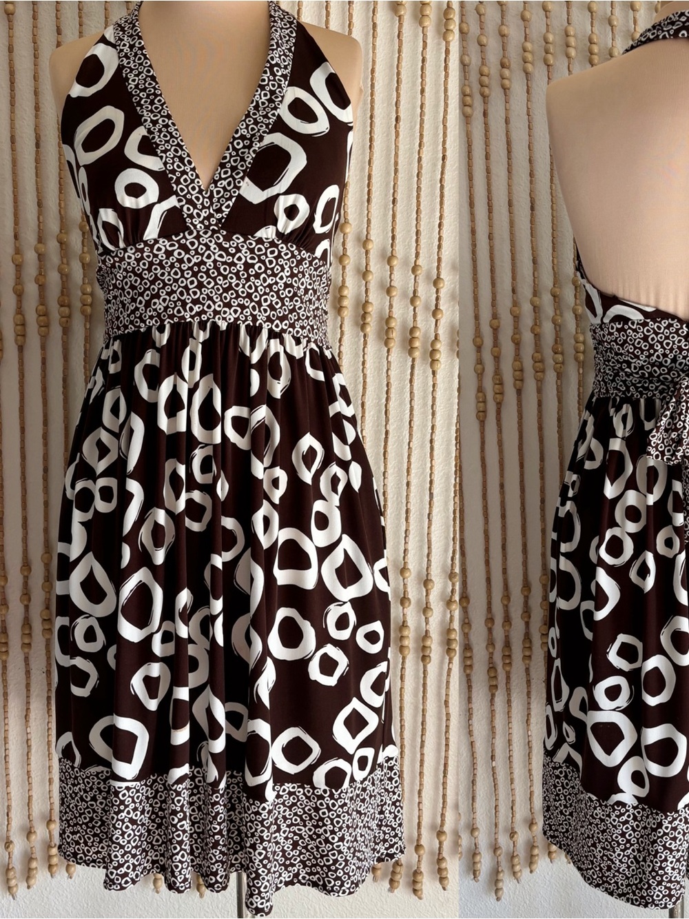 Maggy London Y2K Geometric Print Brown White Halter V Neck Flowy Empire Dress
